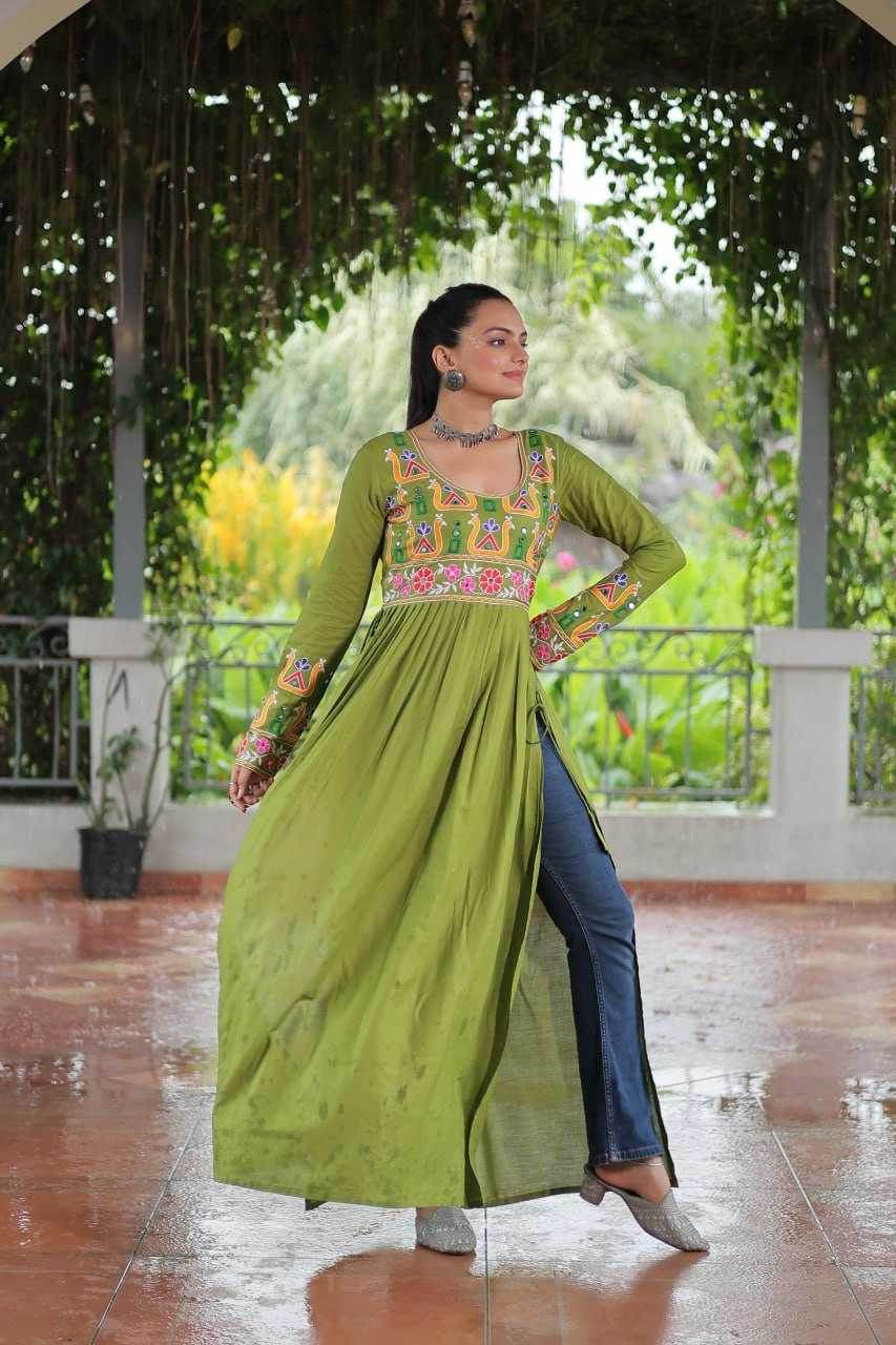 Reyon Cotton Long Embroidered Navratri Kurti - MYLUXURY LANE ENTERPRISE